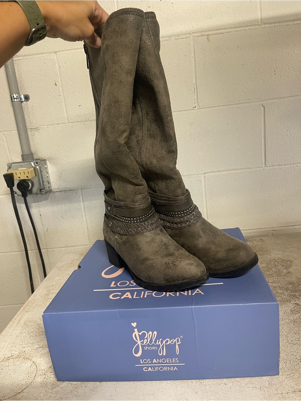Gray knee high suede women’s boots